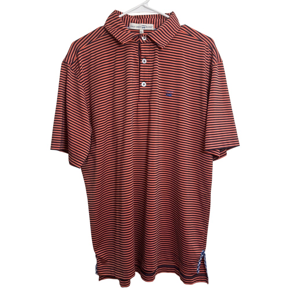 Bald Head Blues Mens Large Orange Navy Blue Striped Performance Golf Polo Shirt